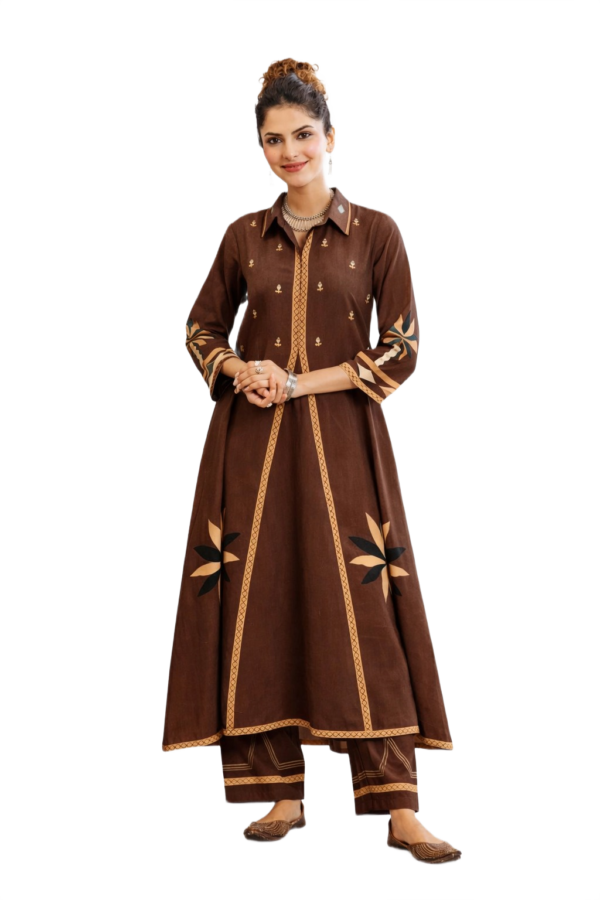 Brown Floral Cotton Kurta Set