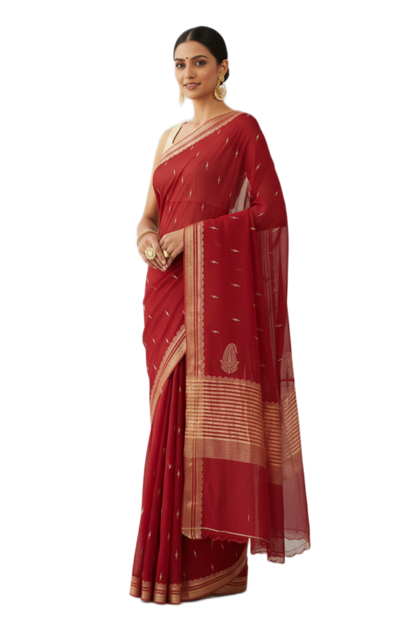 Chiffon Embroidered Red Saree