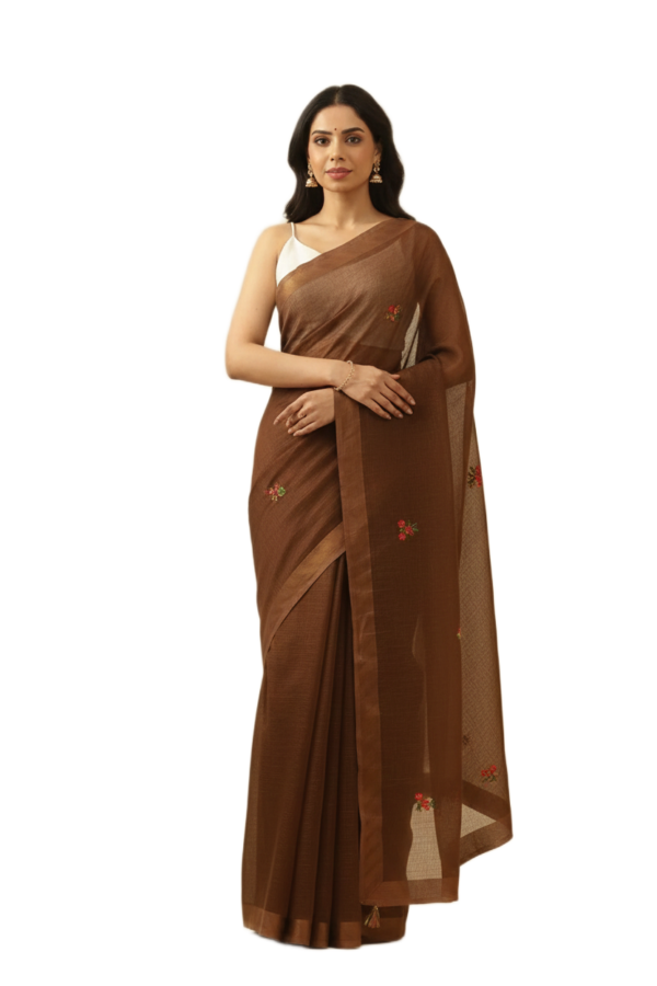 Brown Embroidered Kota Saree