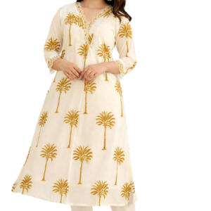 Beige Palm Breeze Cotton Kurta