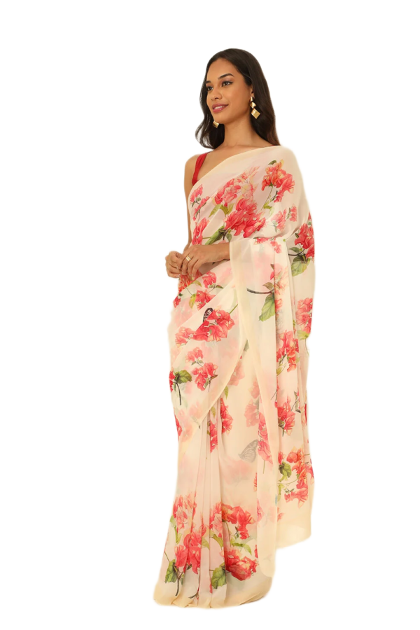 Off White Printed Georgette Saree