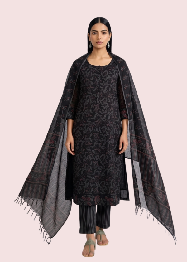 Black Cotton Suit Set with Round Neckline