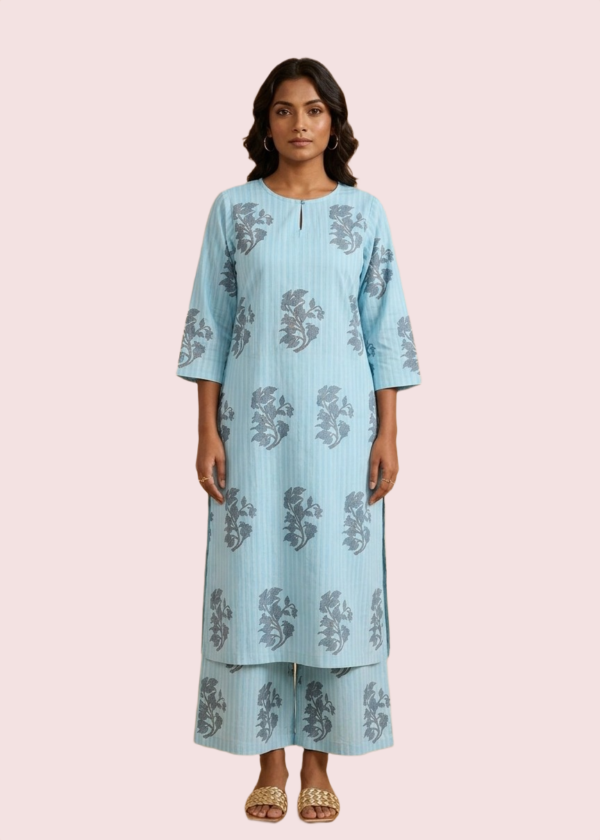 Short Sleeve Sky Blue Cotton Kurta