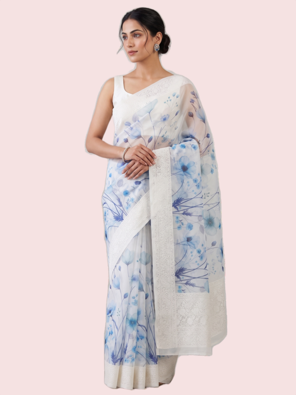 Digital Printed Saree with Chikankari Border (Blue)
