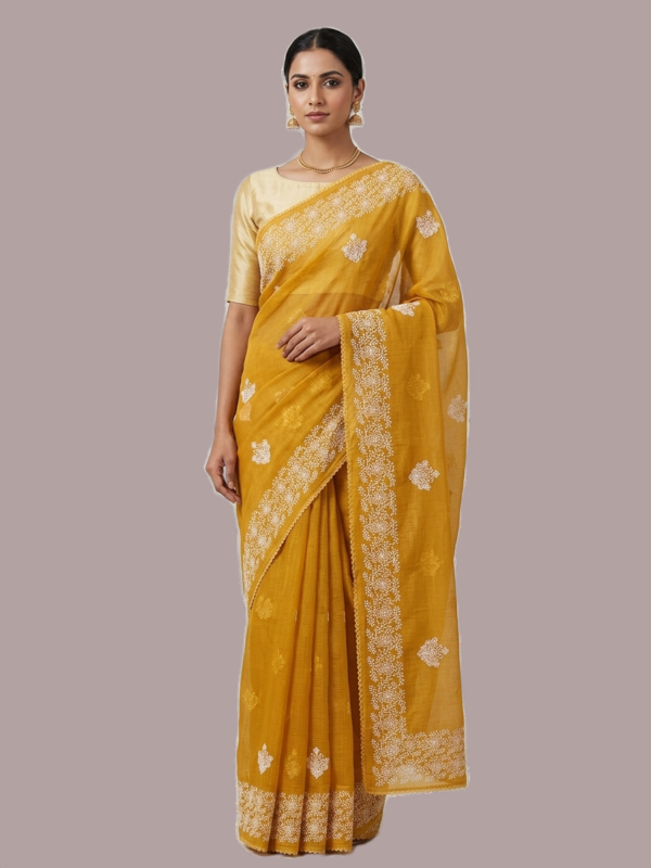 Mustard Kota Saree with Embroidery