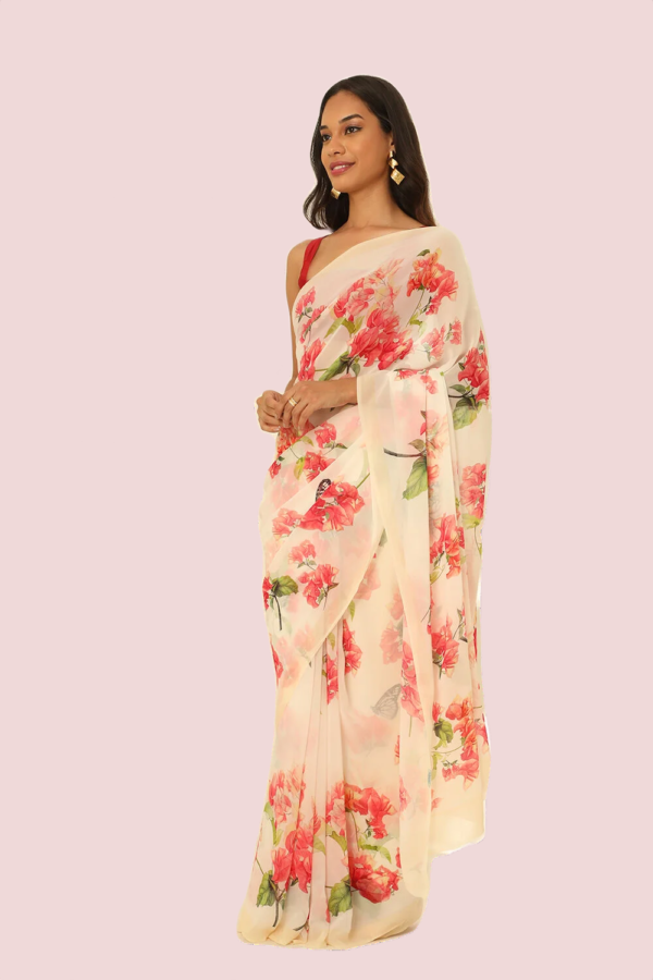 Off White Printed Georgette Saree